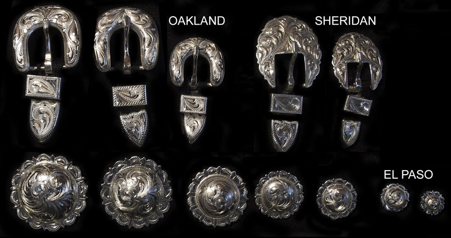 Oakland, Sheridan, and El Paso silver plate buckle and concho collection