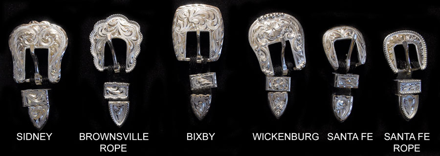Sidney, Brownsville Rope, Bixby, Wickenburg, Santa Fe, and Santa Fe Rope silver plate buckle and concho collection